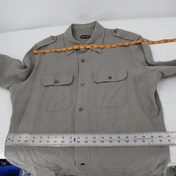 Tom Ford Shirt Mens 16.5 Linen safari military Button Up Long Roll Tab Sleeve - Picture 13 of 16